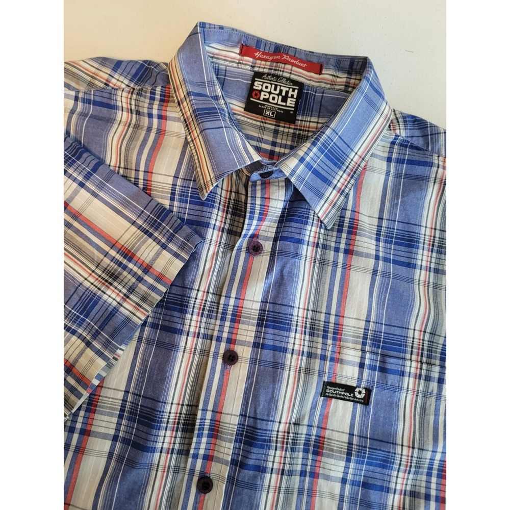 Southpole Mens XL Blue Plaid Short Sleeve Button UP Shirt  Cotton Streetwear